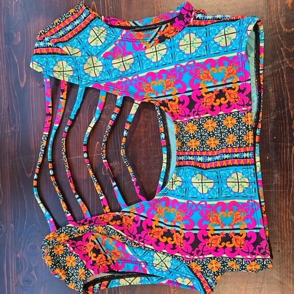 Hobie Swim/Bikini Top Mini Cap Sleeves Vibrant Multicolor Strappy - Picture 4 of 4